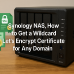 Photorealistic Synology NAS with SSL and domain icons illustrating how to obtain a wildcard Let’s Encrypt certificate
