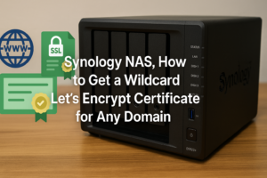 Photorealistic Synology NAS with SSL and domain icons illustrating how to obtain a wildcard Let’s Encrypt certificate