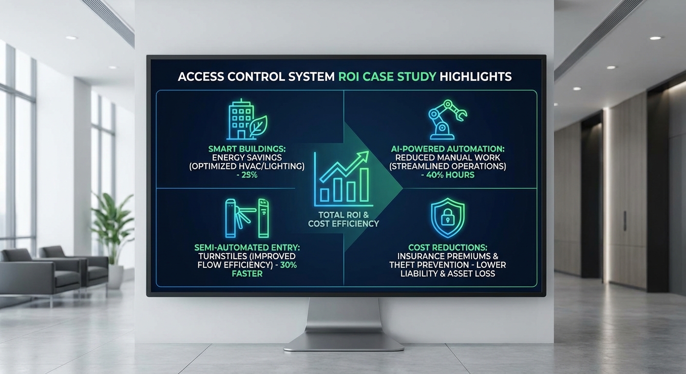 Visual representation of access control system ROI, featuring case study highlights such as energy savings in smart buildings, AI-powered automation reducing manual work, semi-automated entry turnstiles, and cost reductions including insurance premiums and theft prevention.