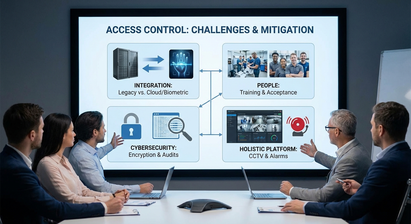 Depiction of challenges and risk mitigation in implementing access control systems: integration between legacy and new cloud/biometric tech, employee training and acceptance, cybersecurity measures like encryption and audits, and holistic platform management combining CCTV and alarms.
