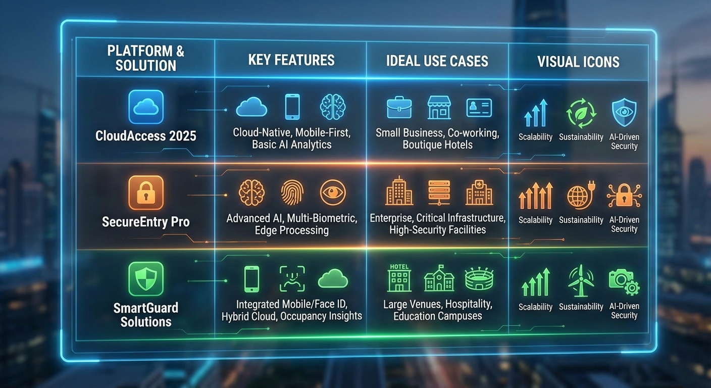 Comparison table or montage of leading 2025 access control platforms and solutions, highlighting their key features (cloud, mobile, AI, biometrics), ideal use cases (small business, enterprise, hotels), and visual icons representing scalability, sustainability, and AI-driven security.