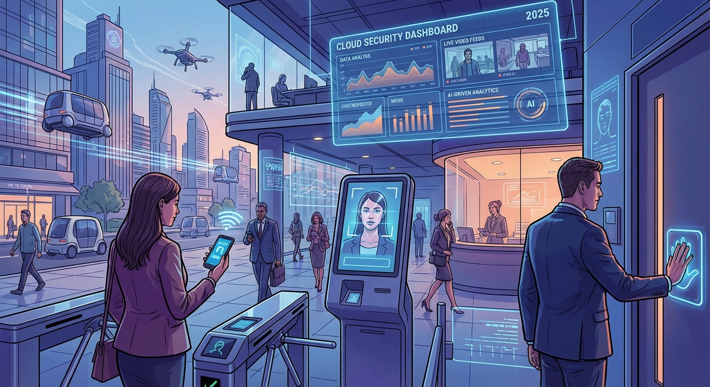 Illustration of innovative access control technologies in 2025, showcasing mobile credentials, biometric scanners (facial recognition, palm vein), cloud-based management dashboards, and AI-driven security analytics in a modern office or city environment.