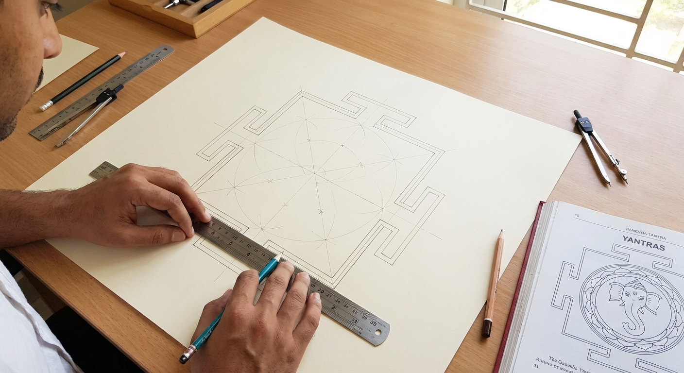 geometric Ganesha Yantra tutorial outer square and gates