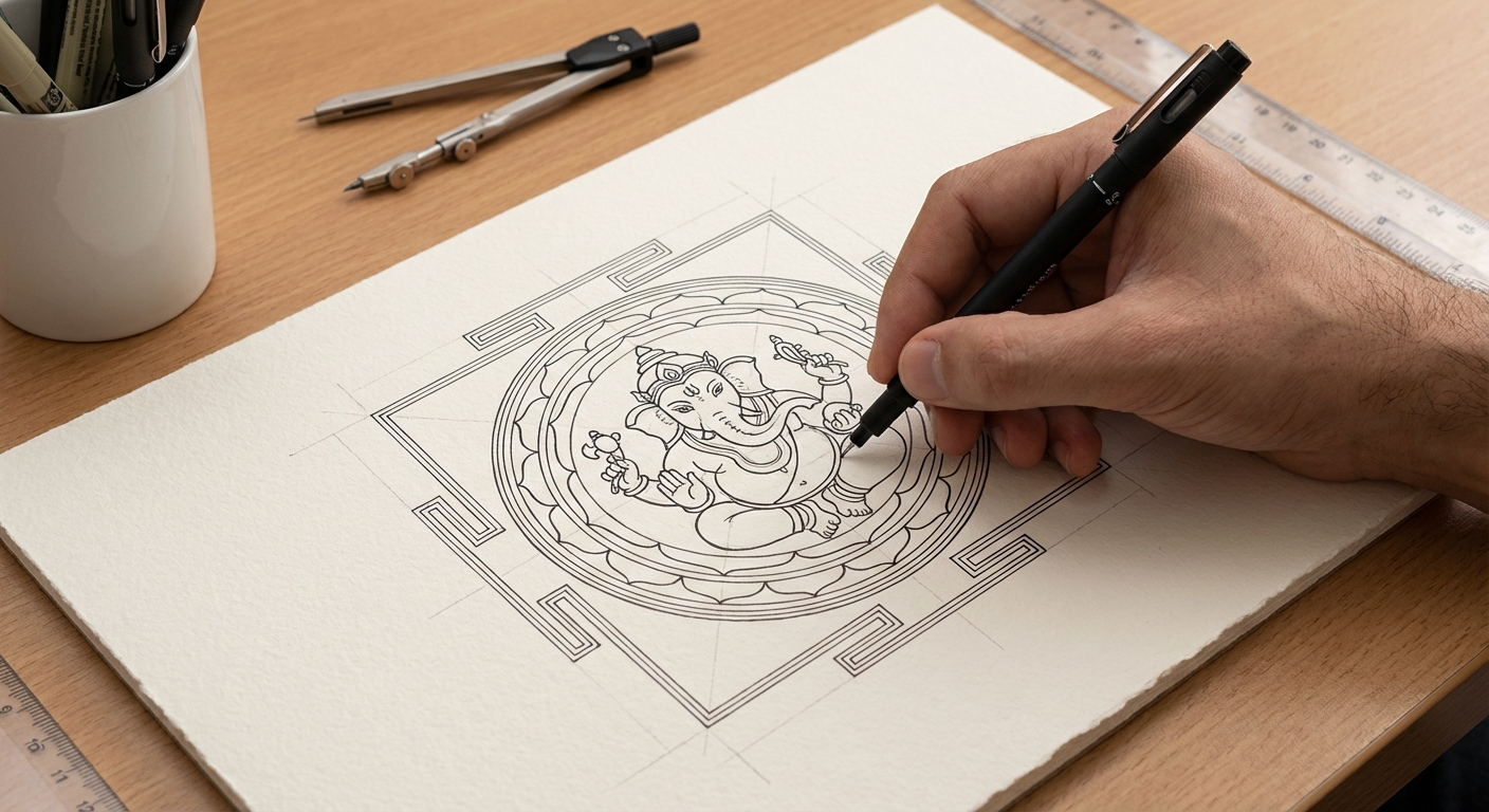 geometric Ganesha Yantra tutorial inking
