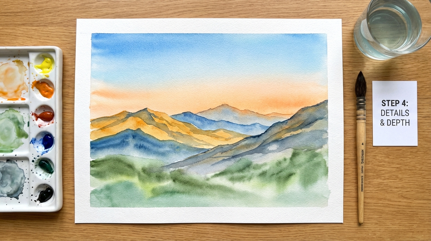 Professional Watercolor Mountain Landscape Finished