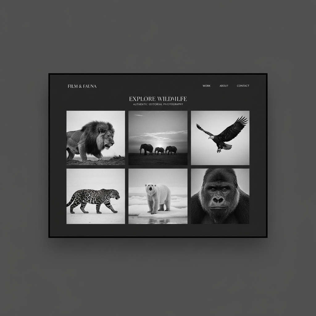 A black and white grid showcasing various wildlife images, including a lion, elephant, eagle, leopard, polar bear, and gorilla, with a title 'Explore Wildlife' on top.