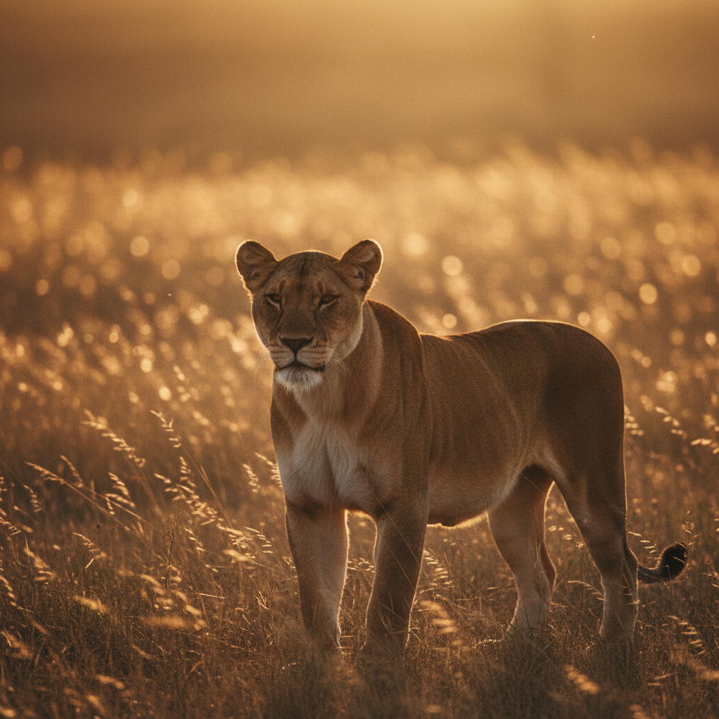 A lioness standing gracefully in a sunlit field, surrounded by golden grass, with a soft bokeh effect in the background.