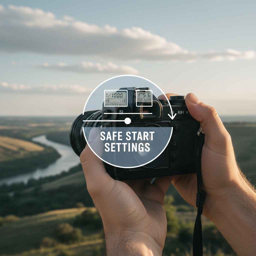 A person holding a camera displaying safe start settings for wildlife photography, with a scenic landscape in the background.