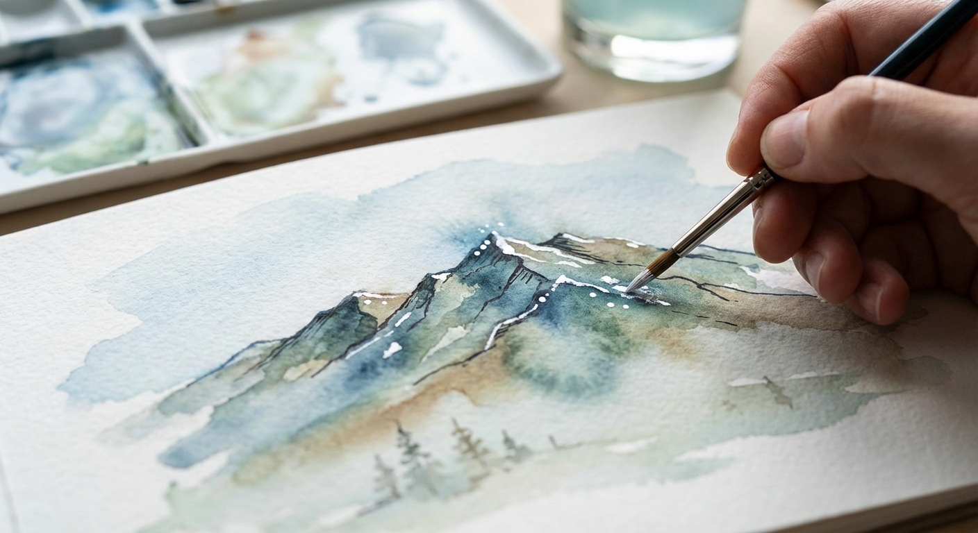 Adding Watercolor Details - Mountain Landscape