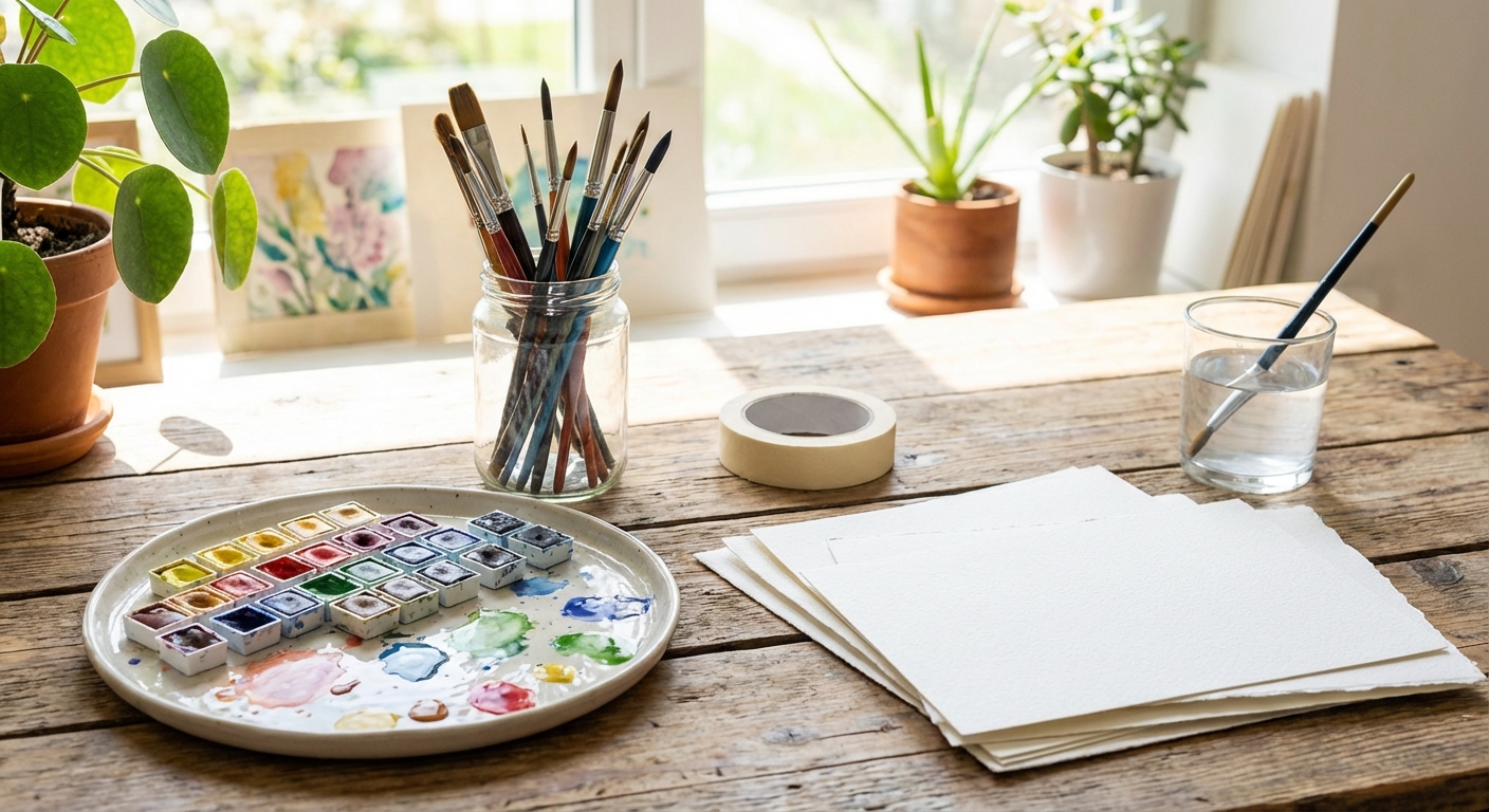Neatly arranged watercolour painting supplies