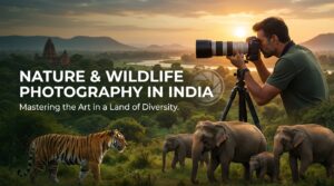 A photographer capturing a tiger in the wild showcasing nature and wildlife photography in India with camera gear.