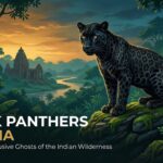 A majestic black panther in India resting on a tree branch in a dense forest habitat.