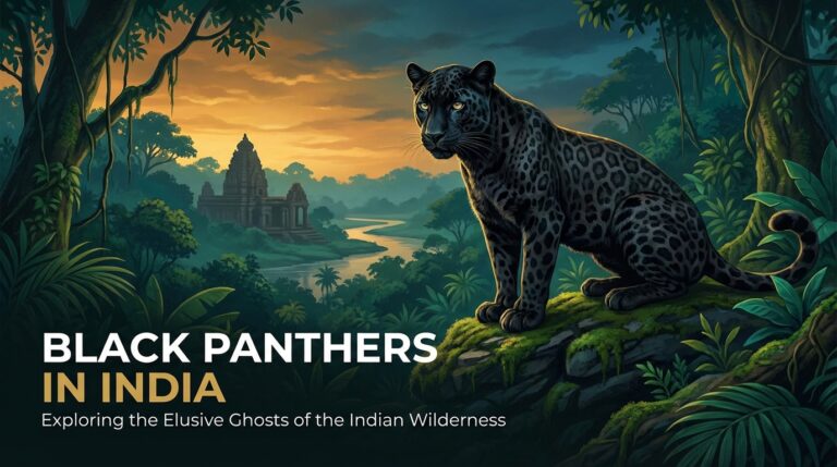 A majestic black panther in India resting on a tree branch in a dense forest habitat.