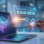 Person typing on a laptop with AI blog writing tools on screen, illustrating beginner’s guide concepts