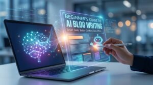 Person typing on a laptop with AI blog writing tools on screen, illustrating beginner’s guide concepts