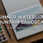 Beginner watercolor mountain landscape painting showing step-by-step techniques on a scenic mountain view
