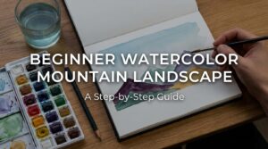 Beginner watercolor mountain landscape painting showing step-by-step techniques on a scenic mountain view