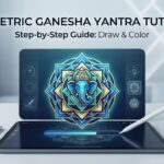 Step-by-step geometric Ganesha Yantra tutorial showing precise drawing and coloring techniques in progress