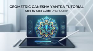 Step-by-step geometric Ganesha Yantra tutorial showing precise drawing and coloring techniques in progress