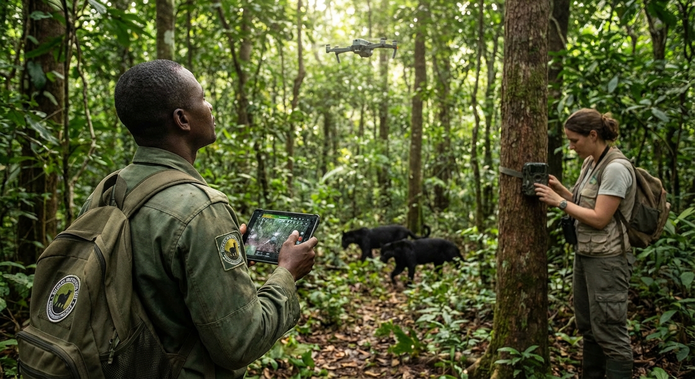 A conservation-themed image showing a ranger or wildlife conservationist monitoring black panthers using camera traps and drones in the forest, symbolizing the ongoing efforts, challenges, and technological interventions in protecting the species.