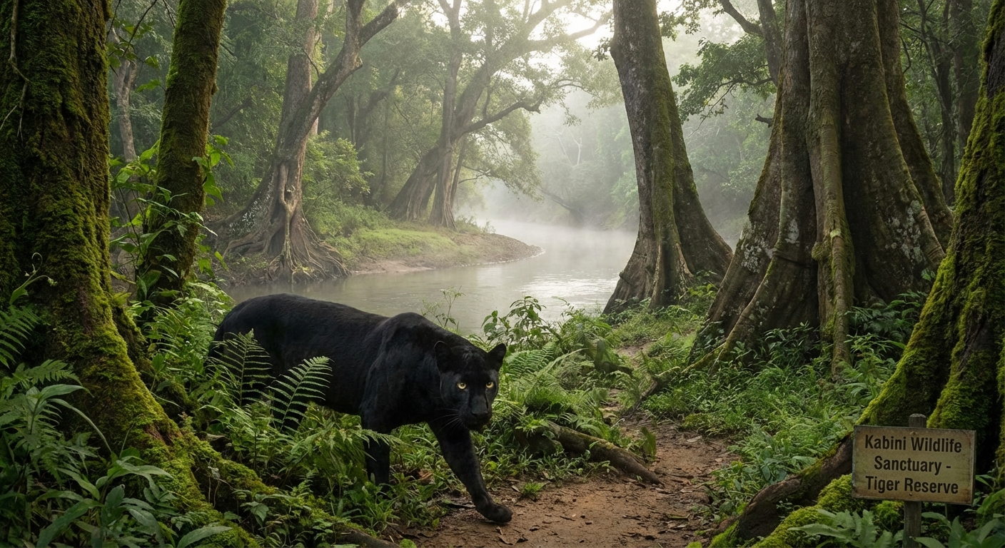 A picturesque scene of the Western Ghats forest or Kabini Wildlife Sanctuary with a black panther ('Saya') stealthily moving through the dense greenery, showcasing notable geographical range and typical habitat for sightings.