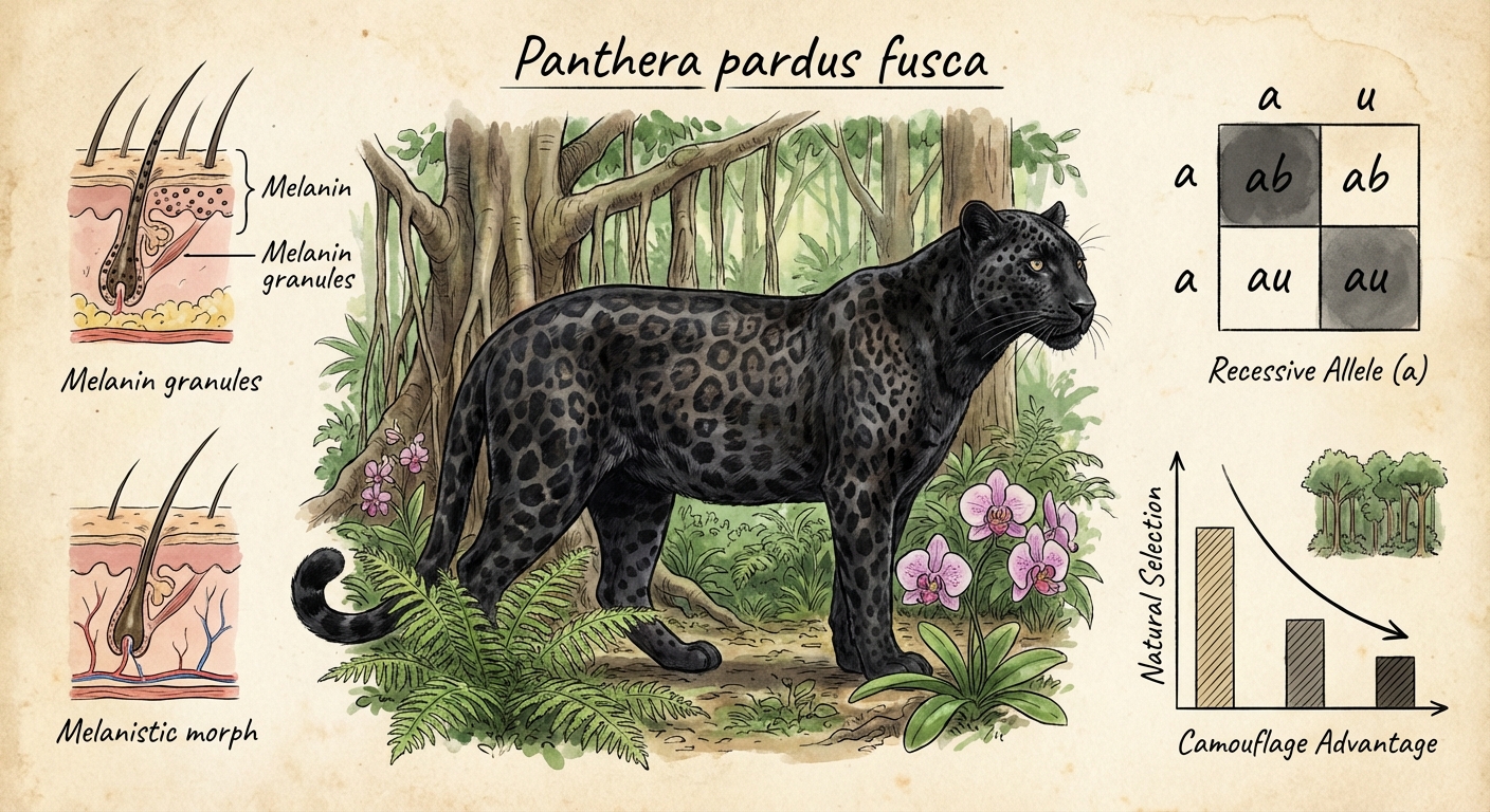 A detailed scientific illustration of a melanistic Indian leopard (black panther) showing the glossy black coat with faint rosette patterns, set against a dense jungle background highlighting the genetic and evolutionary aspects described.
