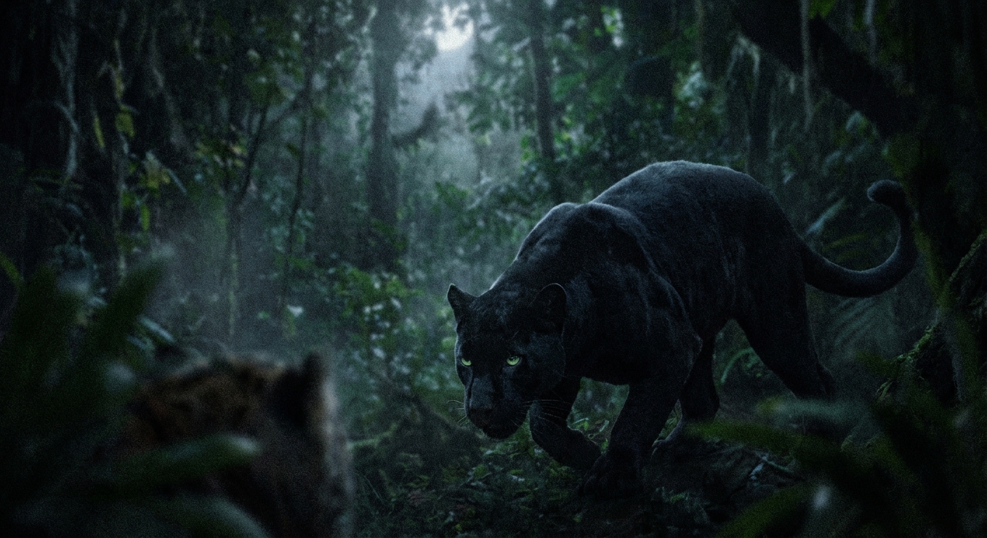 A dynamic depiction of a black panther hunting at night in a dense forest, emphasizing its role as an apex predator and its behavioral adaptations like camouflage and stealth in the ecosystem.