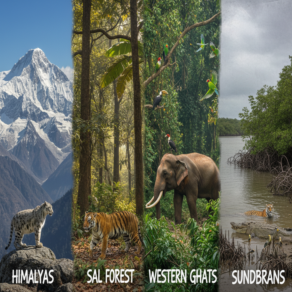 A collage or panoramic view showing the diverse Indian wilderness habitats such as the Himalayan mountains, dense sal forests, Western Ghats rainforests, and mangrove forests of the Sundarbans, with representative wildlife like snow leopards, Bengal tigers, elephants, and various birds.
