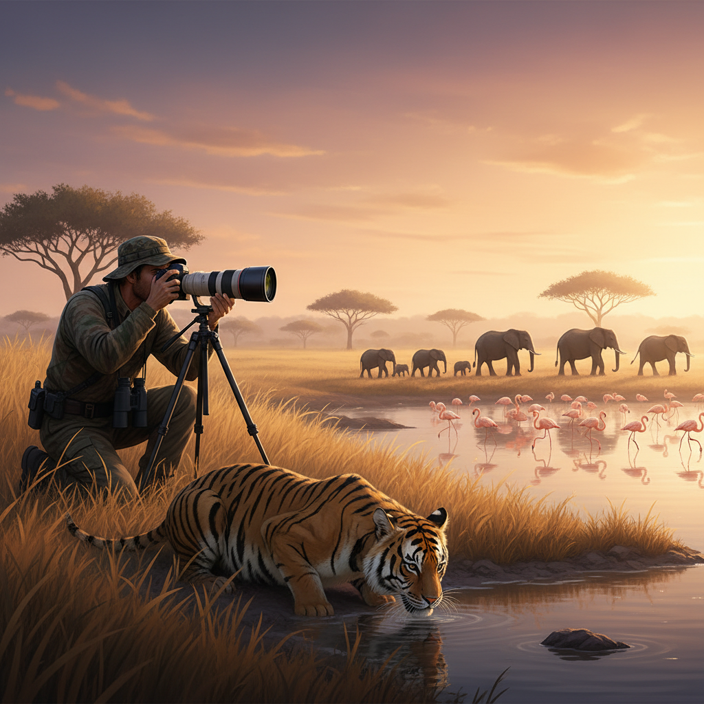 A wildlife photographer patiently observing animals in their natural habitat during golden hour, capturing subjects like a tiger near a waterhole, elephants migrating, or flamingos at a saltpan, emphasizing timing, behavior understanding, and stealth.