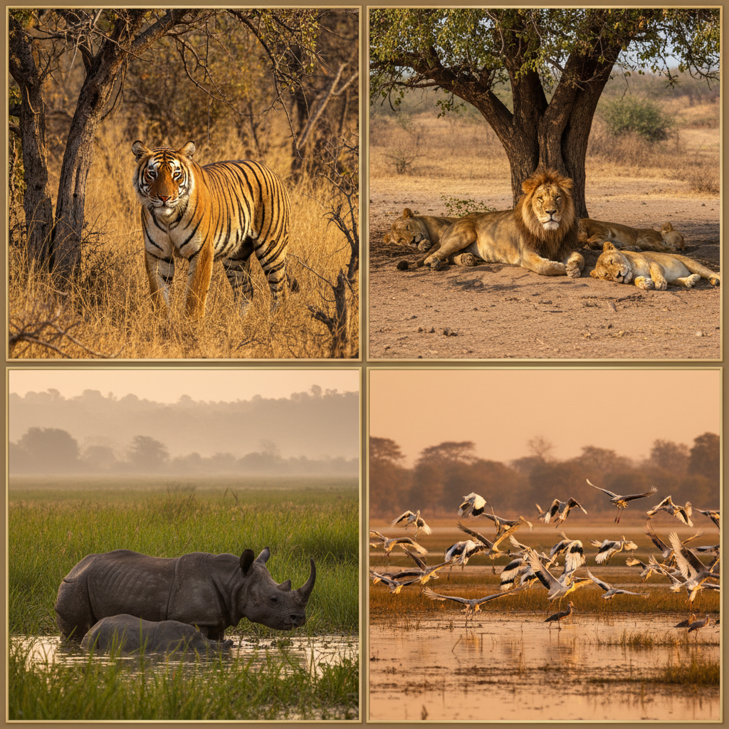 A stunning image montage from top Indian wildlife destinations featuring iconic species: a Bengal tiger in Ranthambore’s forest, Asiatic lions in Gir, one-horned rhinos in Kaziranga wetlands, and migratory birds at Bharatpur, highlighting diverse landscapes and species.