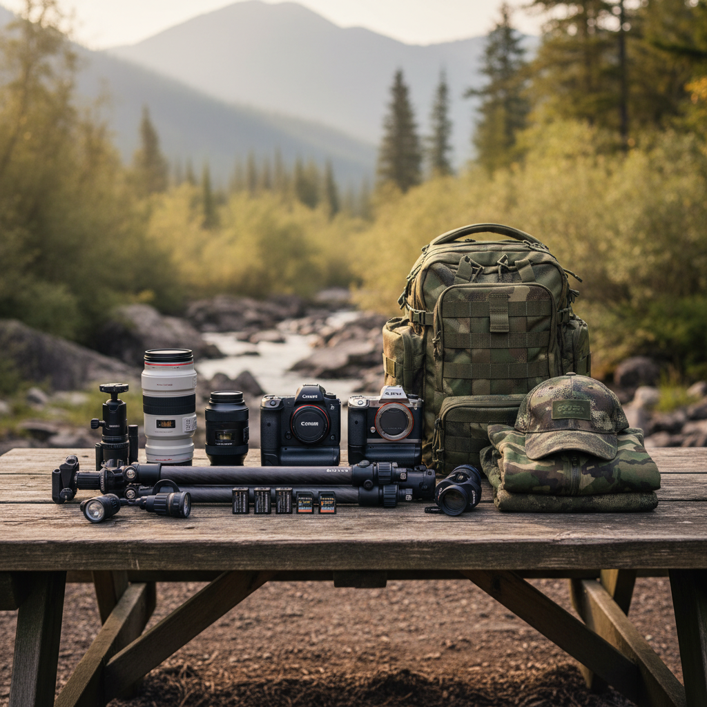 A selection of essential wildlife photography gear laid out neatly, including professional DSLR or mirrorless cameras, telephoto and wide-angle lenses, tripods, waterproof bags, camouflage clothing, extra batteries, and memory cards, set against a natural outdoor background.